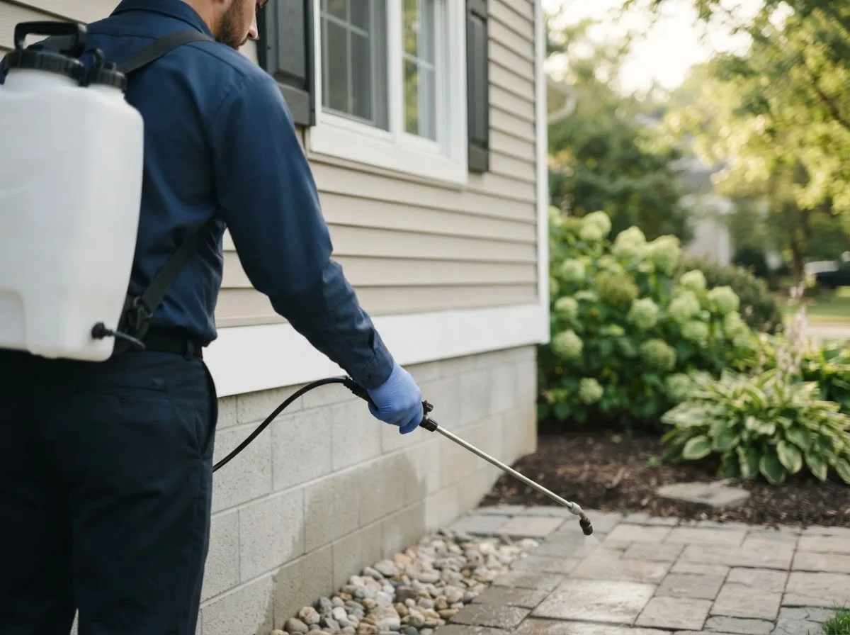 Pest control technician inspecting a home in Carson City, MI